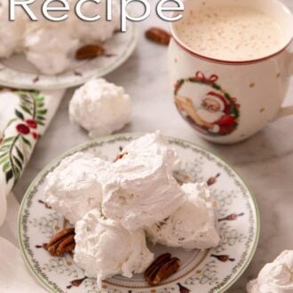 Pinterest graphic of a plate of divinity candy with pecans around it. Another plate and mug of cocoa behind it.