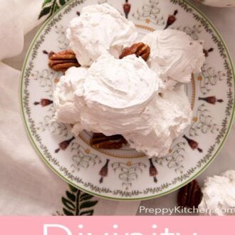 Pinterest graphic of an overhead view of a plate of divinity candy with pecans around it.