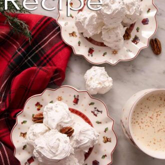 Pinterest graphic of two plates of divinity candy with pecans around it.