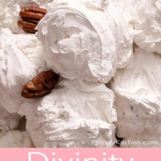 Pinterest graphic of a close up overhead view of a plate of divinity candy with pecans around it.