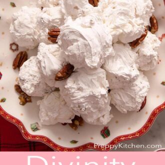 Pinterest graphic of an overhead view of a plate of divinity candy with pecans around it.