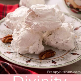 Pinterest graphic of a plate of divinity candy with pecans around it.
