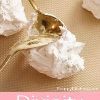 Pinterest graphic of an overhead view divinity candy spooned onto a lined sheet pan.