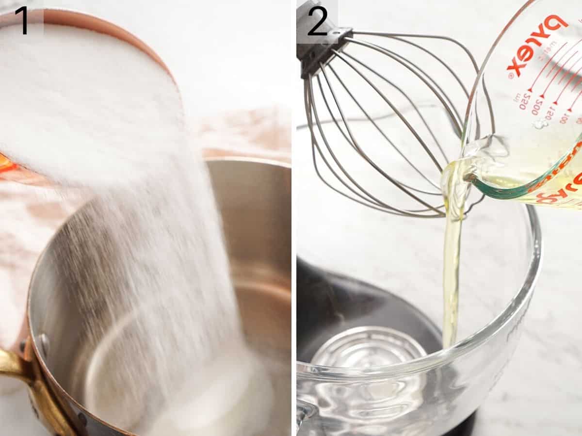 Set of two photos showing sugar added to a saucepan egg whites added to a mixer.