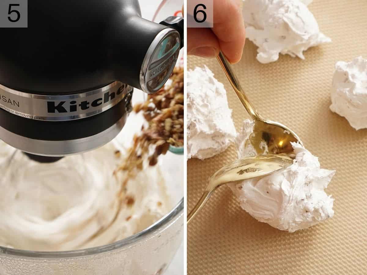 Set of two photos showing pecans added to the mixer and batter spooned onto a sheet pan.