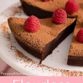 A pinterest graphic of a flourless chocolate cake with a slice cut and pulled out.