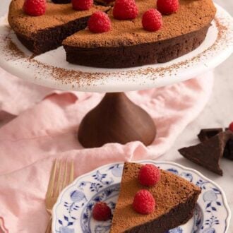 A pinterest graphic of a slice of flourless chocolate cake on a plate with the rest of the cake in the background.