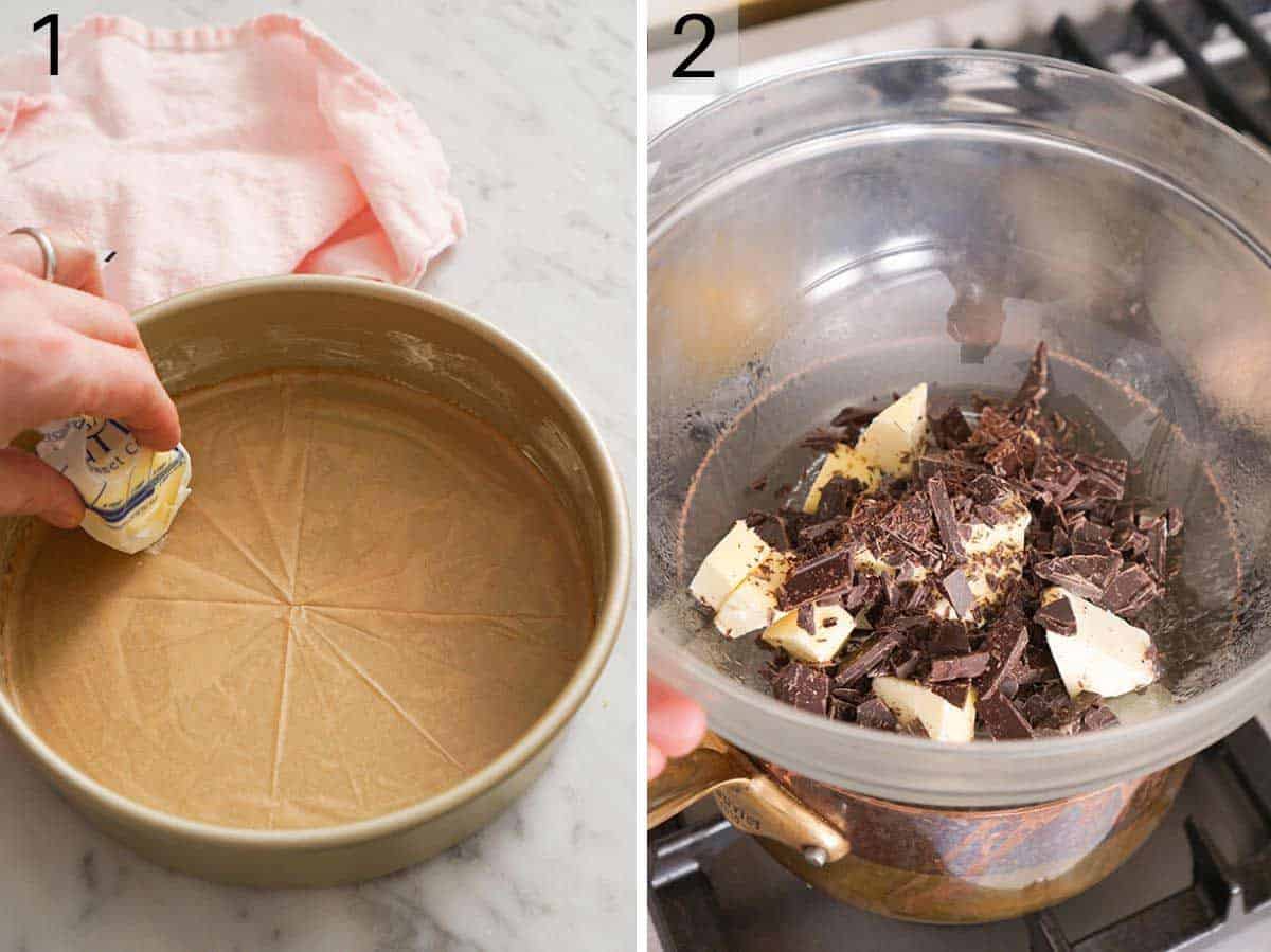 Set of two photos showing a baking pan greased with butter and chocolate and butter in a bowl. 