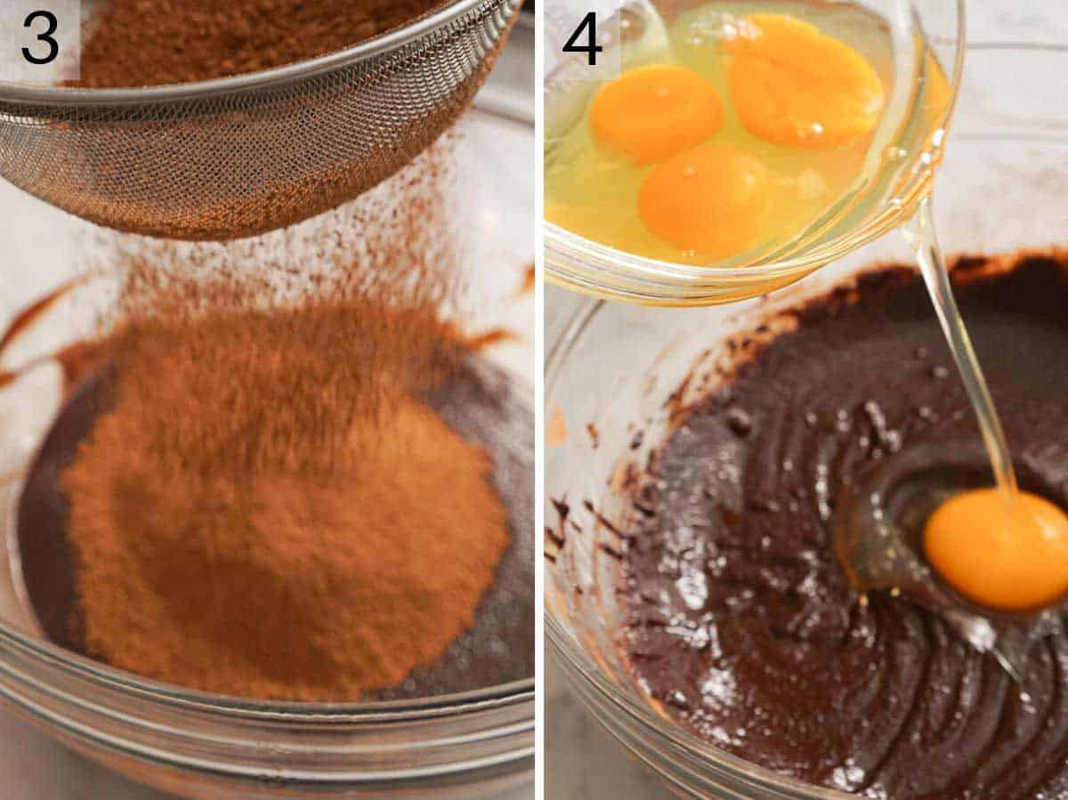 Set of two photos showing cocoa powder sifted into a bowl and eggs added.