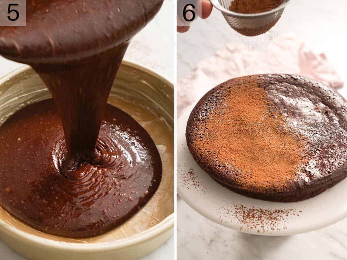 Two photos showing batter poured into a baking pan and then the cake dusted in cocoa powder.