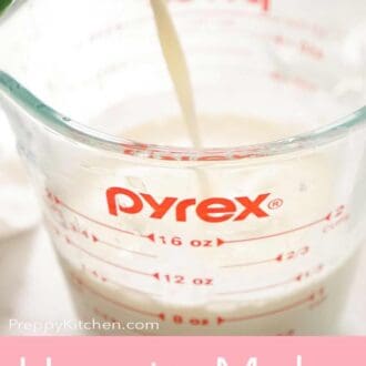 A Pinterest graphic for how to make sour cream showing whole milk added to a measuring cup.