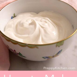 A Pinterest graphic for how to make sour cream showing sour cream in a bowl.
