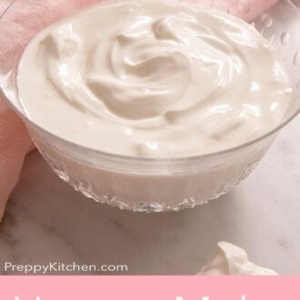 A Pinterest graphic showing homemade sour cream in a glass bowl.
