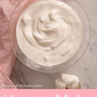 A Pinterest graphic for how to make sour cream with an overhead shot of homemade sour cream in a glass bowl.