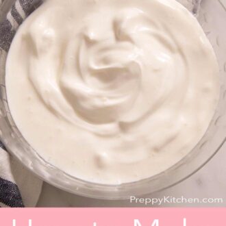 A Pinterest graphic of a close up of homemade sour cream in a glass bowl.