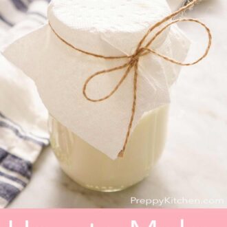 A Pinterest graphic of sour cream mixture in a glass bottle with a paper towel secured on top.