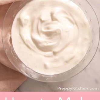 A Pinterest graphic for how to make sour cream -- an overhead shot of it in a glass bowl.