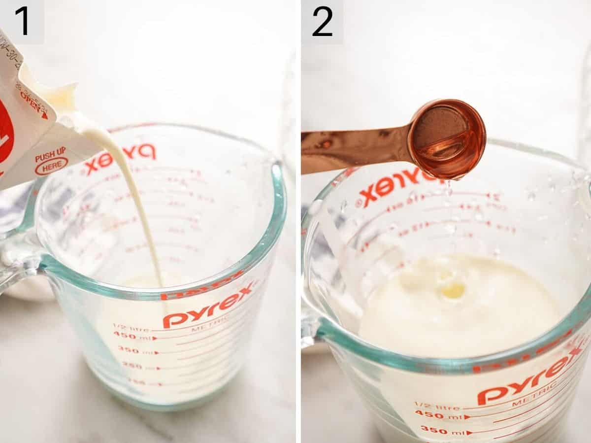 Set of two images showing how to add cream and lemon juice to a measuring cup to make sour cream.