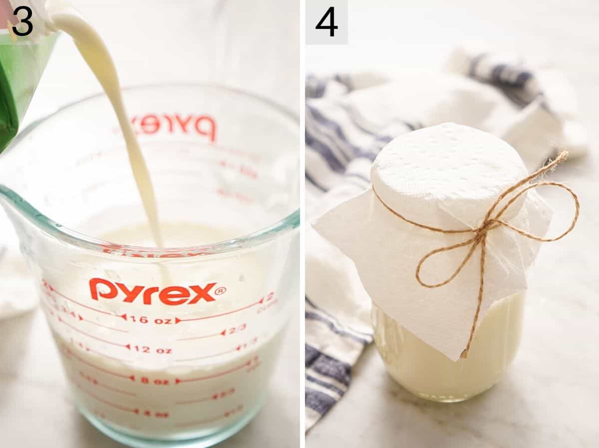 Set of two images showing how to make sour cream by adding milk to the measuring cup and storing at room temperature for 24 hours.