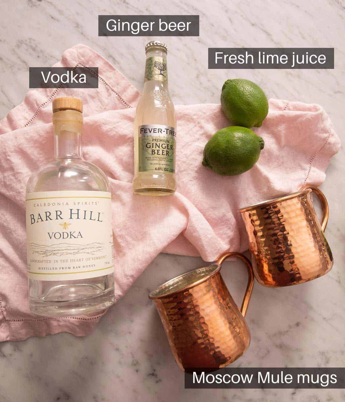 An overhead shot of all the ingredients you need to make a Moscow Mule