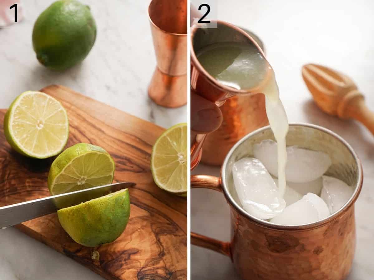 Two photos showing the first steps of making a Moscow Mule recipe