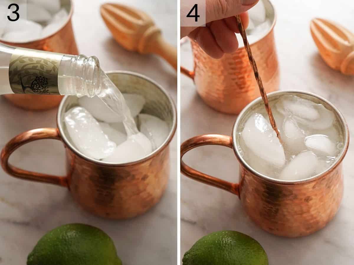 Two photos showing how to add the final ingredients to a Moscow Mule