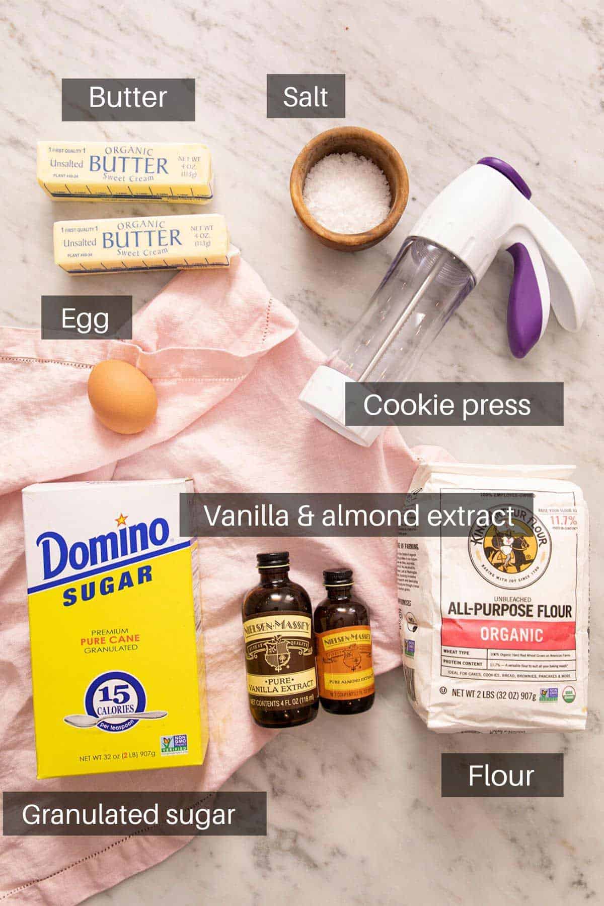 An overhead shot of all the ingredients you need to make spritz cookies