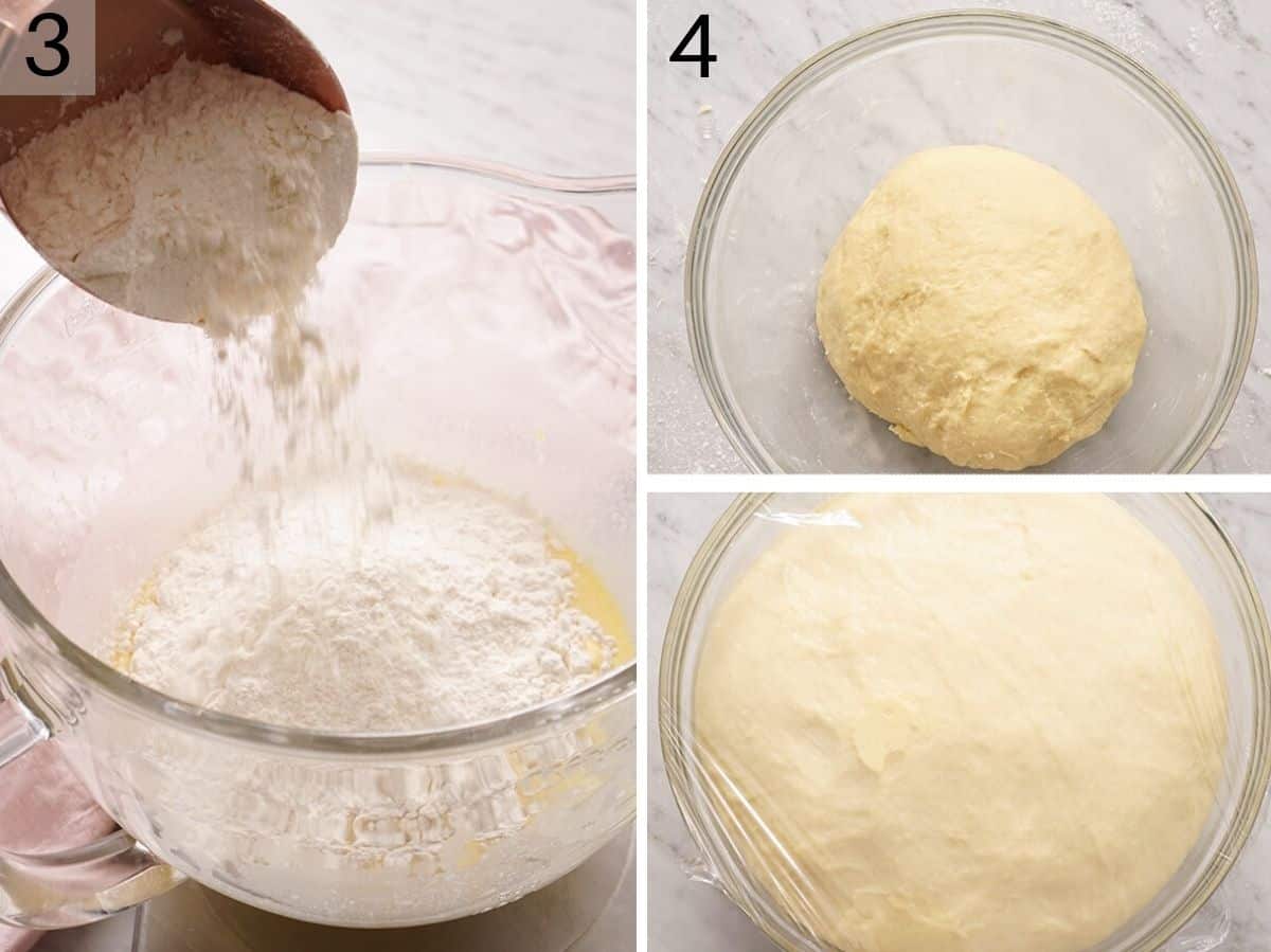 Set of photos showing how to make homemade sticky bun dough.