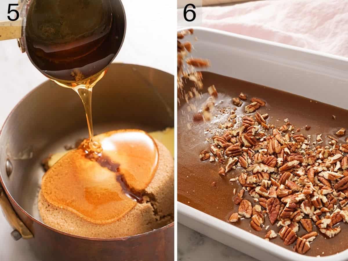 Set of two photos showing sauce made for sticky buns and poured into a baking dish before being topped with pecans.