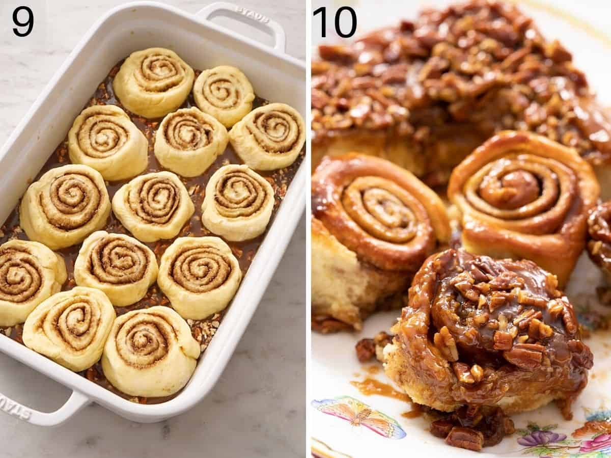 Set of two photos showing before and after this easy pecan sticky buns recipe is baked.