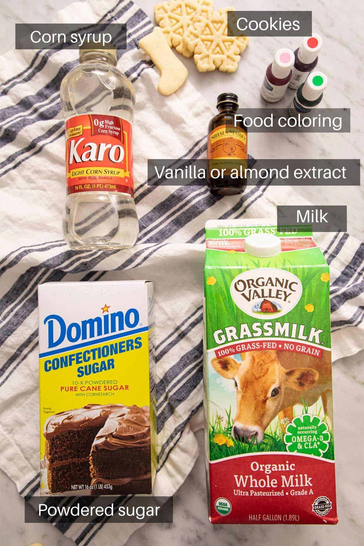 An overhead shot of all the ingredients you need to make sugar cookie icing