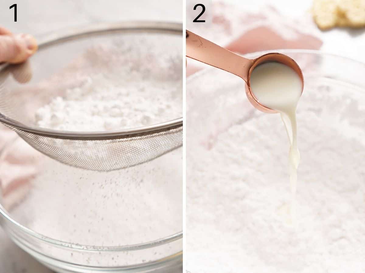 Two photos showing how to sift powdered sugar and add in milk