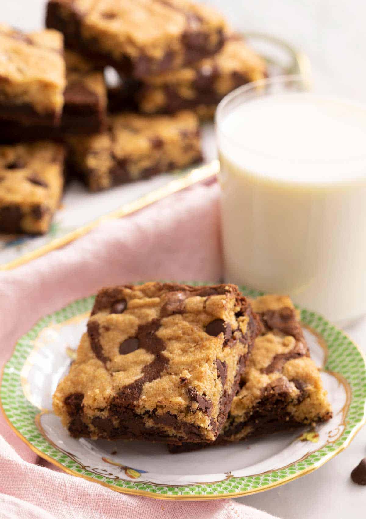 Two brookies on a plate with a glass of milk in the background