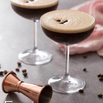 Pinterest graphic showing two espresso martinis with coffee beans and a measuring tool.