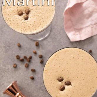 Pinterest graphic showing an overhead shot of two espresso martinis.