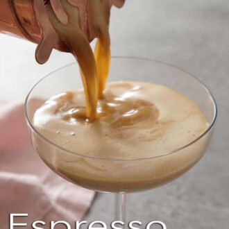 Pinterest graphic showing an espresso martini poured into a glass from a shaker.