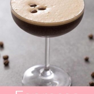 Pinterest graphic showing an espresso martini garnished with coffee beans.