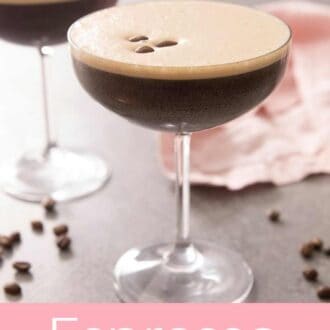 Pinterest graphic showing an espresso martini topped with coffee beans with another drink in the background.