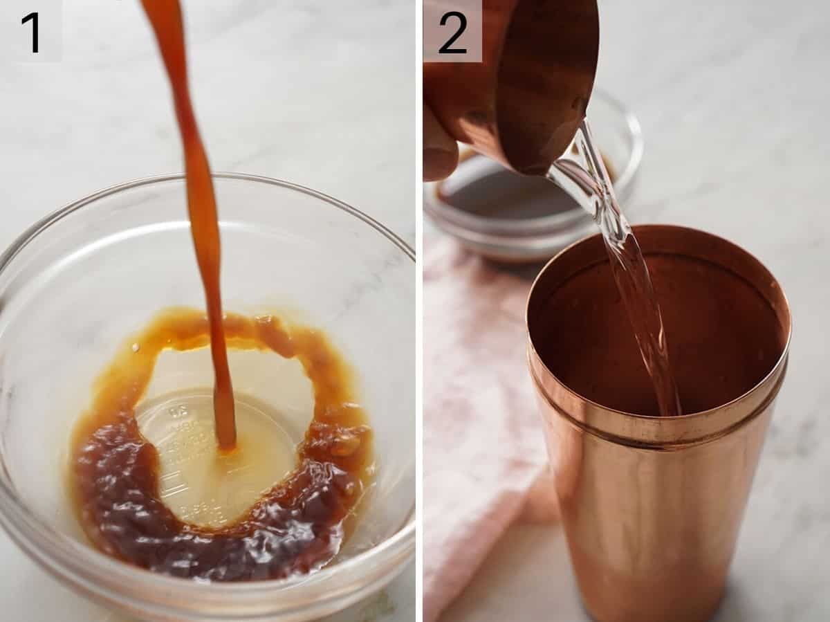 Set of two images showing espresso poured into a bowl and vodka poured into a cocktail shaker.