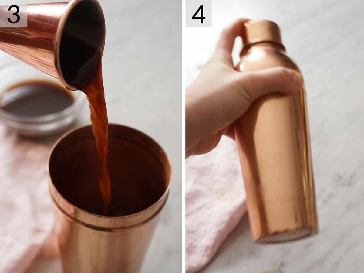 Set of two images showing coffee liqueur added to a cocktail shaker and then shaken.