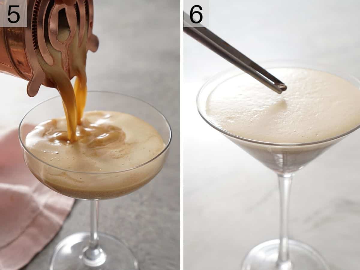 Set of two images showing a cocktail poured into a glass and topped with coffee beans.