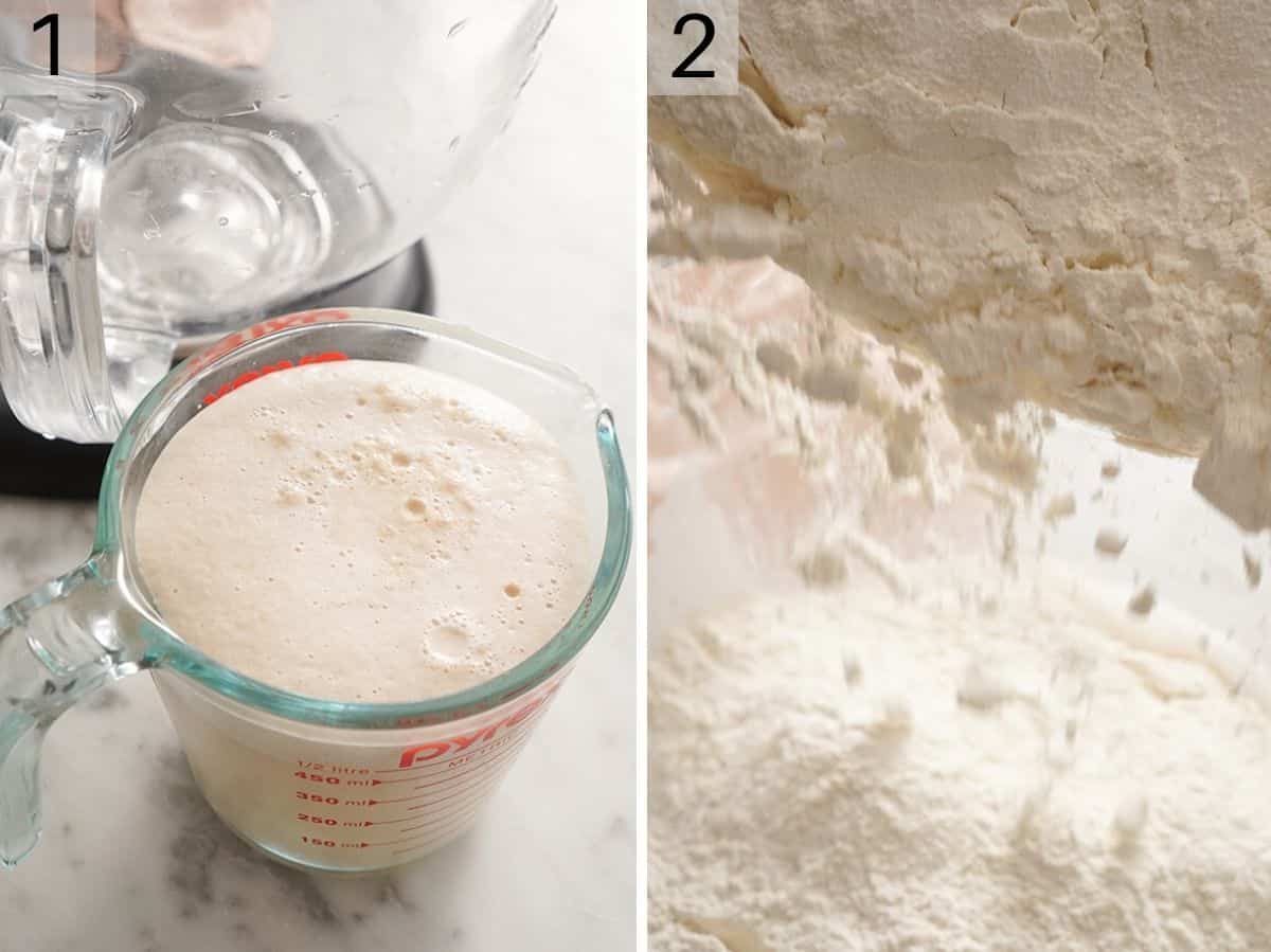 Set of two photos showing yeast bloomed and flour added to a mixing bowl.