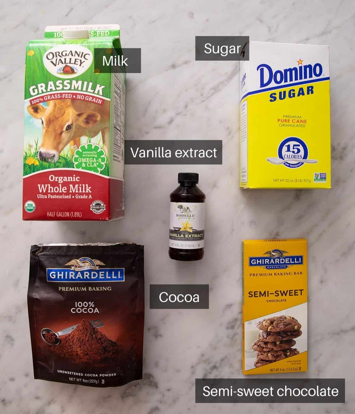 An overhead shot of all the ingredients you need to make hot chocolate