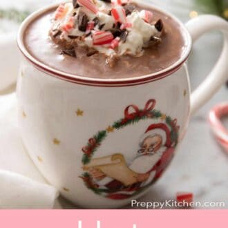 A pinterest graphic of a festive mug of hot chocolate.