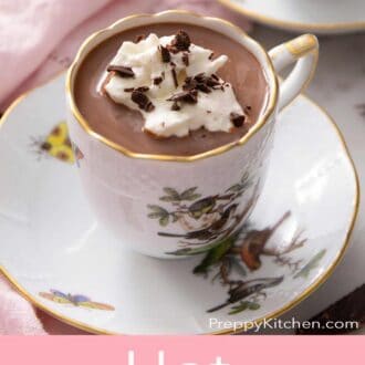 A pinterest graphic of a mug of hot chocolate.