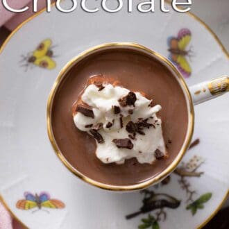 A pinterest graphic of an overhead view of a mug of hot chocolate.