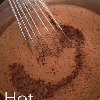 A pinterest graphic of hot chocolate whisked in a pot.