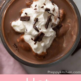 A pinterest graphic of an overhead view of a mug of hot chocolate.