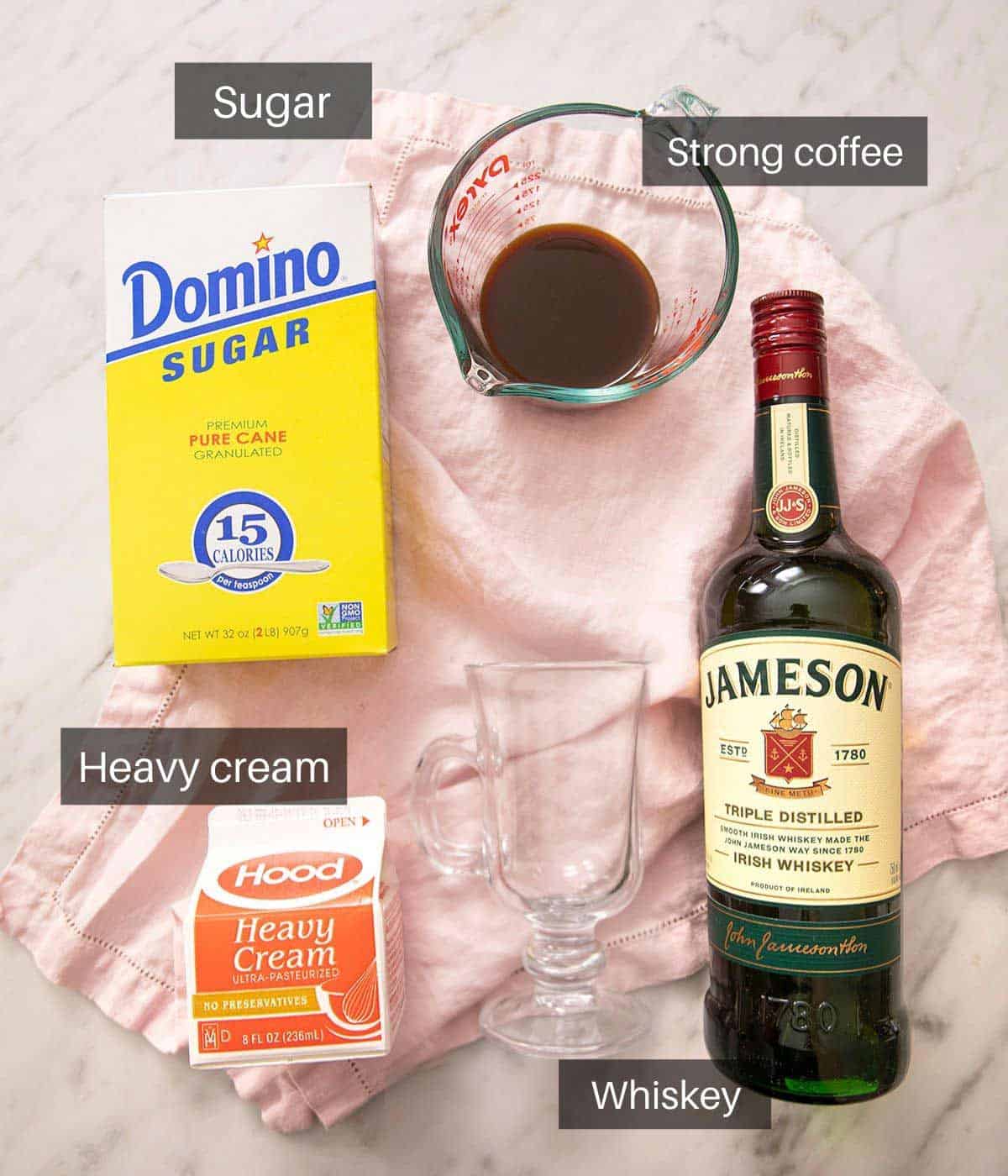 An overhead shot of all the ingredients you need to make an Irish coffee
