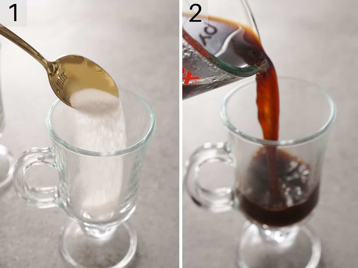 Two photos showing how to add sugar and coffee to a mug